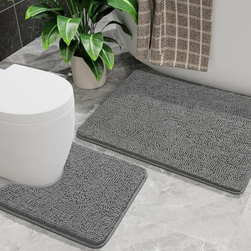 AROGAN Bathroom Rug Sets 2 Piece, 20"x20" U-Shaped & 21"×34", Grey