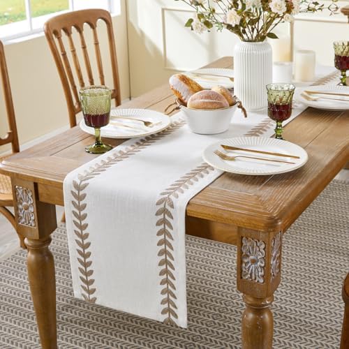 Wracra Embroidered Table Runner, Taupe Table Runners 90 Inches Long