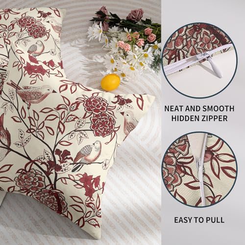Burgundy Red Floral Pillow Covers 18X18 Inch Chinoiserie Vintage Bird