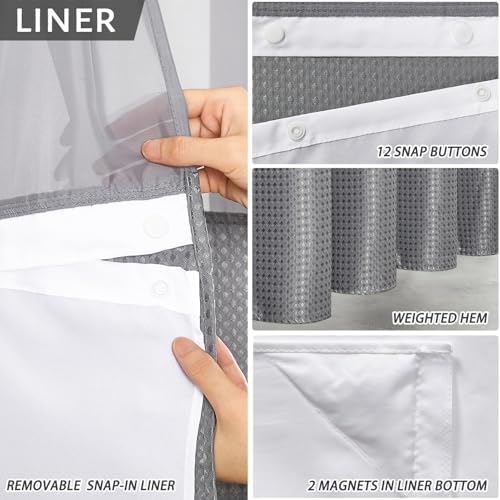 Furlinic Fabric No Hook Shower Curtain with Snap in Liner Modern Grey