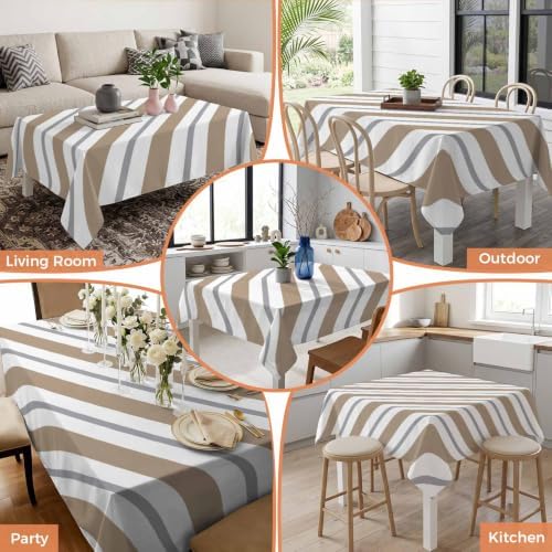 Beige Grey Stripe Waterproof Tablecloth Rectangle Washable Table