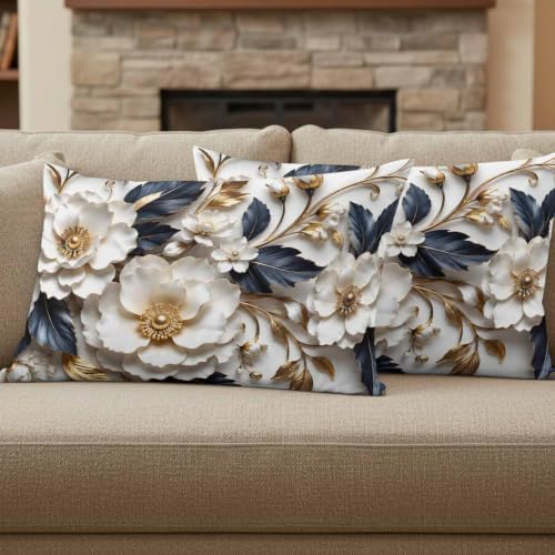 Cream Gold Flowers Lumbar Pillow Covers 12 x 20 Inch Pillow Covers Set