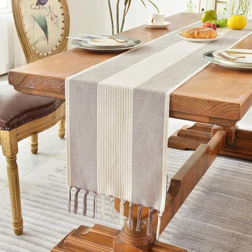 Boho Table Runner with Tassels Rustic Striped Cotton Linen Farmhouse