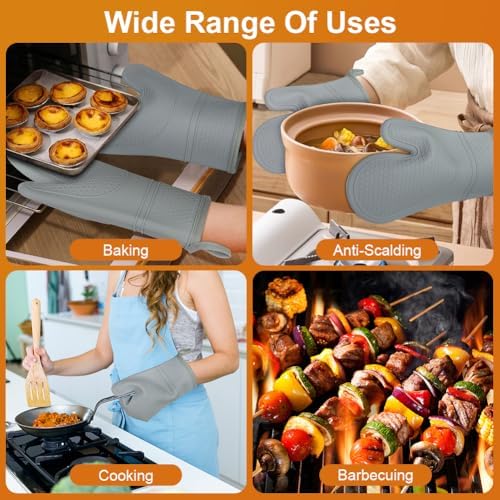 AUAUY Oven Mitts with 2 Potholders, Silicone Oven Gloves, Grey