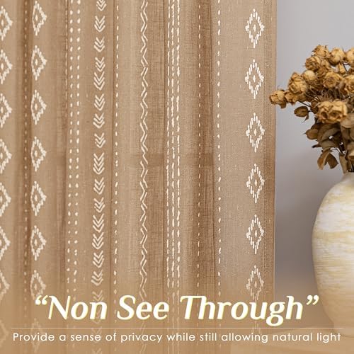 Light Brown Boho Linen Curtains 120 Inch Length 2 Panel Set with