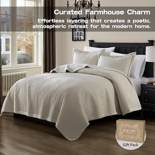 WDCOZY Beige King Size Quilt Set, Striped Pick Stitch Bedspread