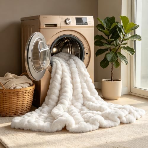 YUSOKI Double Sided Faux Rabbit Fur Throw Blanket, Cream, 60"x72"