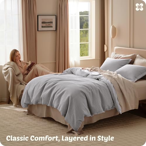 Bedsure PureWoven 3 Pieces 100% Cotton Waffle Duvet Cover Set, Queen