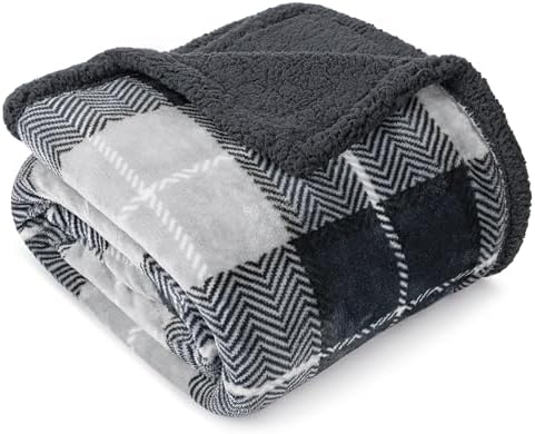 PAVILIA Twin Plaid Sherpa Throw Blanket for Couch Sofa Bed Dark Grey