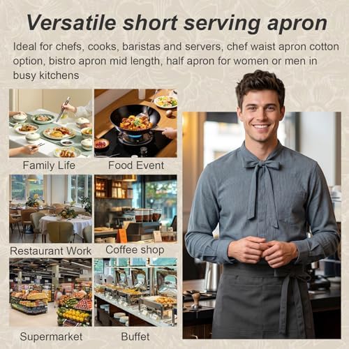 Half Apron for Women Men Cotton Linen with 2 Large Pockets Waist Short