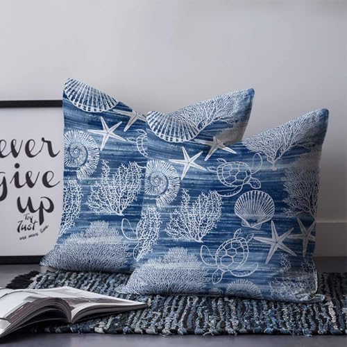 Pillow Covers 20x20 Set of 2, Navy Blue Coastal Square Throw Pillow