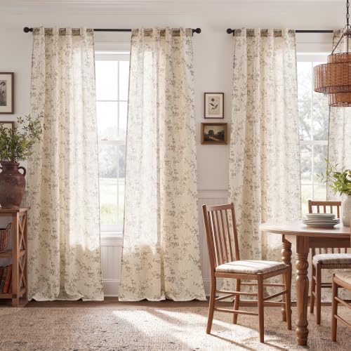 jinchan Taupe Floral Linen Curtains 108 Inch Farmhouse Back Tab 2