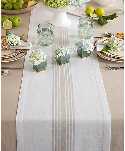 Solino Home 100% Linen Table Runner, 14 x 144 in, Natural and White