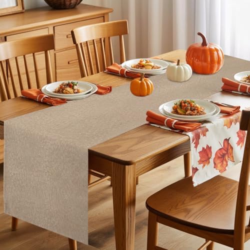 Beige Table Runners 108 Inches Long, Cotton Linen Fabric Table Runner