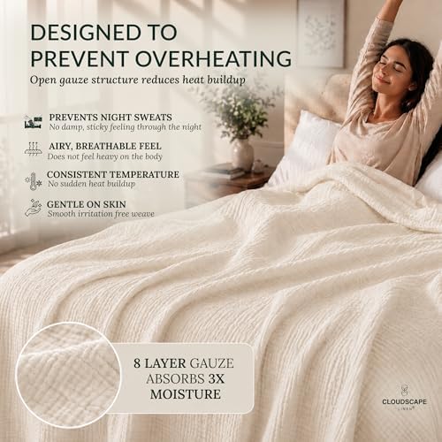 CLOUDSCAPE 8 Layer 100% Cotton Muslin Oversized Throw, Soft, 50"x70"