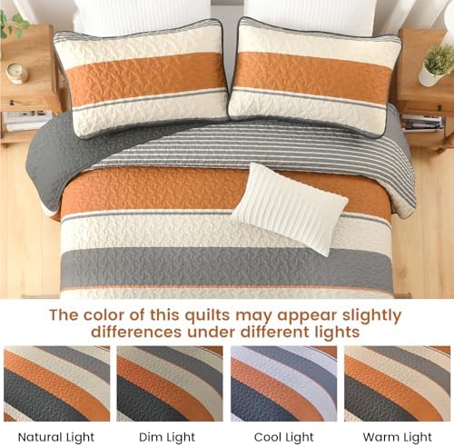 Dinjoy King Boho Striped Quilt Set, Orange Lightweight Bedspread