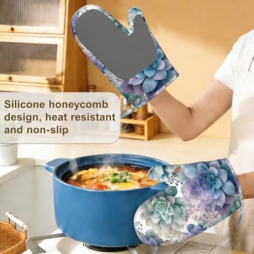 Succulent Botanical Floral Oven Mitts and Pot Holders Sets of 4, Heat