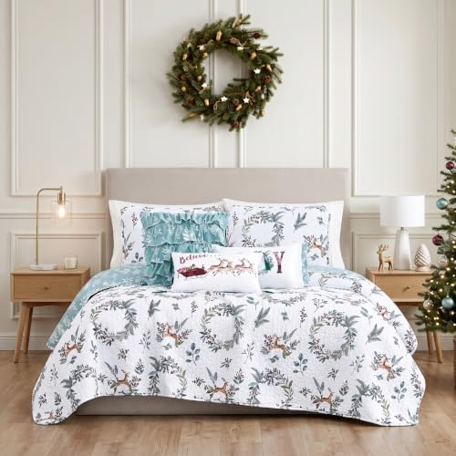 Reversible Christmas Quilt Set King/California King 6 Piece Reindeer
