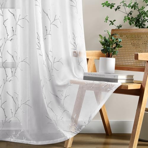 HOMEIDEAS White and Grey Sheer Curtains 52 X 63 Inches Length, 2