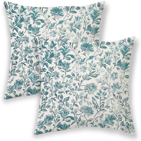BETGINY Vintage Floral Pillow Covers 18x18 Inch 2 Pcs, Aqua Teal
