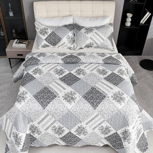 Cmfshape Summer Floral King Bedspread,Romantic Grey Quilt Set