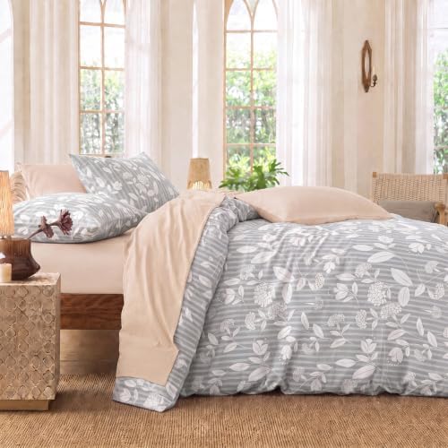 Gray Floral Duvet Cover Set King Size, Light Gray Leaf Floral Stripe
