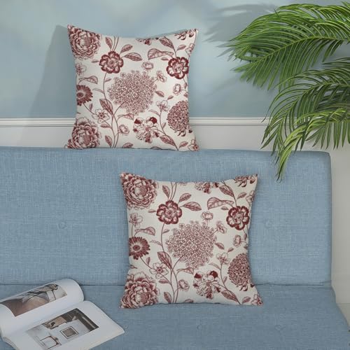 Floral Pillow Covers 18x18 Inch Set of 2 Vintage Burgundy Red Flower