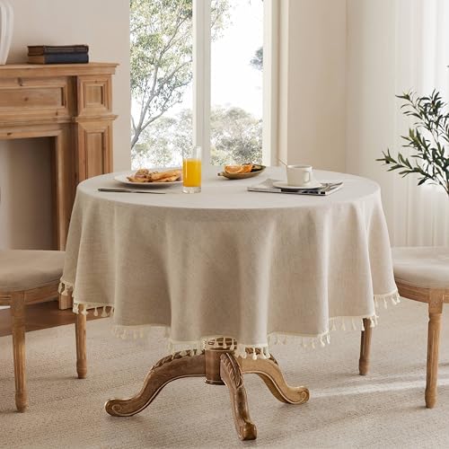 Tassel Linen Round Table Cloth, Natural 52 Inch