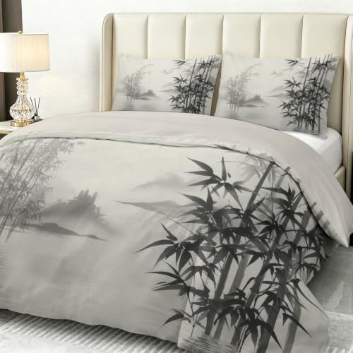Duvet Cover King Size - Reversible Symmetrical Ink Wash Bamboo Leaf