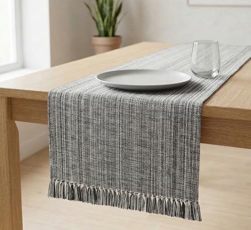 PurpleEssences Chambray Table Runner with Fringes - Mineral Gray &