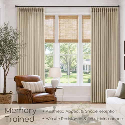 Oatmeal Pleated Semi Sheer Linen Farmhouse Curtains 84 Inches 2 Panels