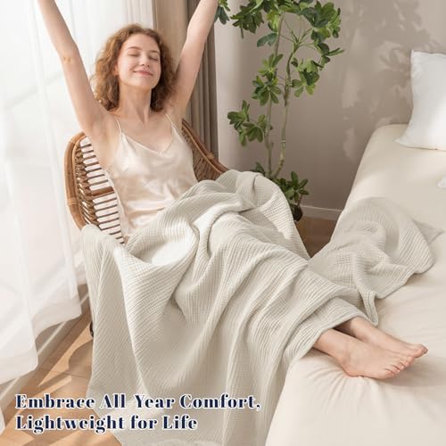 PHF 100% Cotton Muslin Blanket for Adults, Throw XL 50"x70", Oat Milk