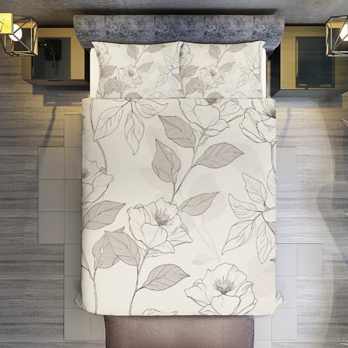 Retro Floral Plant Duvet Cover Set, 3 Piece Microfiber Bedding Set