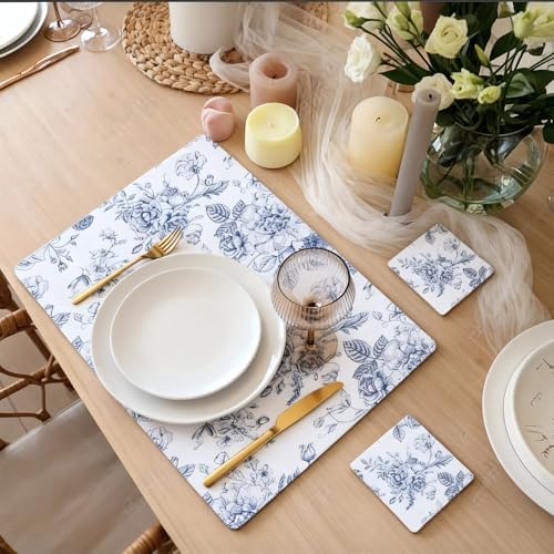 6 Sets Blue Floral Cork Placemats with 6 Coasters, 16x12 Inches Heat