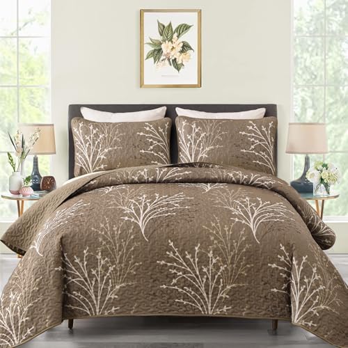 DJY Brown Quilt Set King Size Branch Botanical Bedspread Coverlet Set