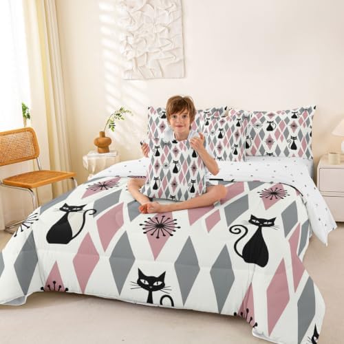 Manfei Black Cat Full Size Comforter Set,Geometric Rhombus Square