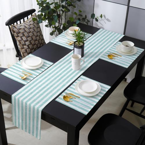 Light Teal Stripes Table Runner and Placemats Set of 4 Modern