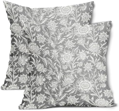 Gray Vintage Floral Pillow Covers 18x18 Inch Set of 2 Neutral Flower