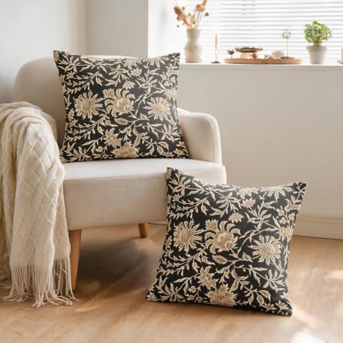 Vintage Floral Pillow Covers 18x18 Set of 2 Dark Grey Retro Botanical