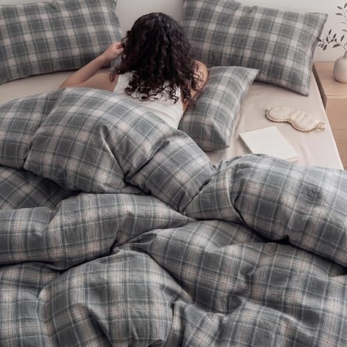 Gray Plaid Duvet Cover Set Queen Size, Tartan Plaid Washed Cotton
