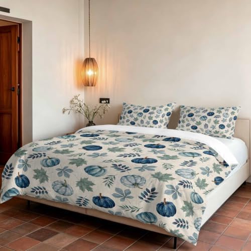 Blue Pumpkins Fall Duvet Cover Set 3 Pieces with Zipper Closure