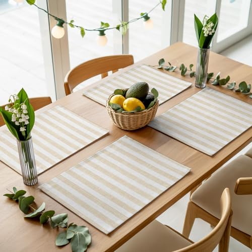 Beige Striped Placemats Set of 4, Cotton Linen Fabric Place Mats