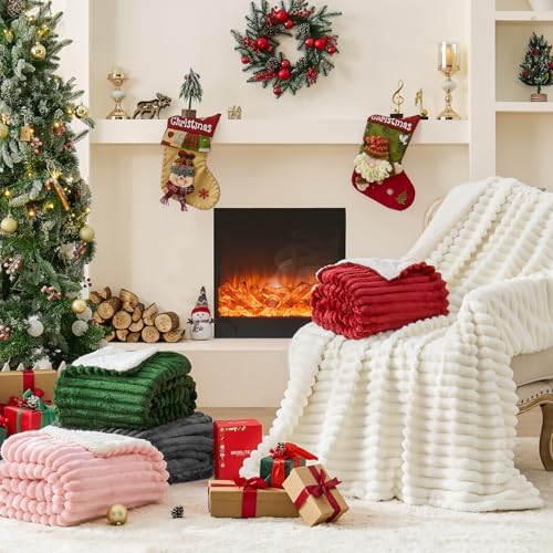 INFIIXSO Striped Sherpa Throw Blanket for Couch, Warm Plush, Cream