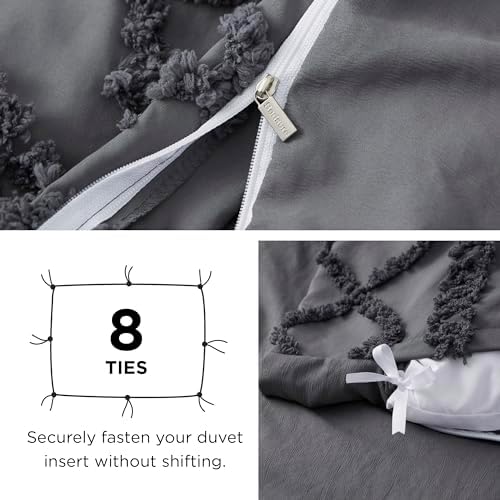 Bedsure Boho Duvet Cover Queen, Tufted Embroidery, 3-Piece, Dark Grey