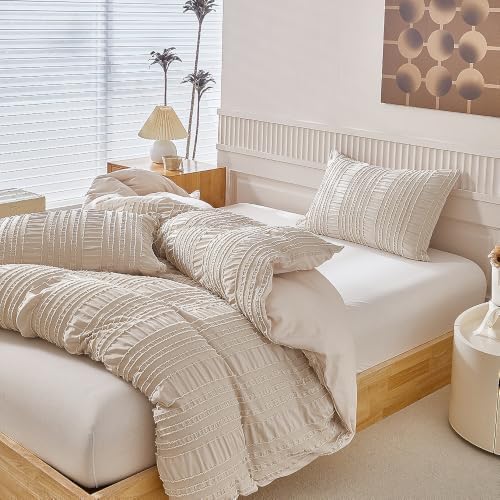 Tufted Queen Duvet Cover Set, 3 Pieces Solid Color Pinch Pleat