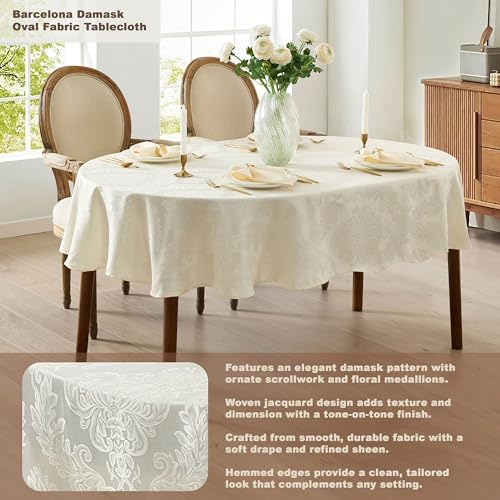 Newbridge Barcelona Damask 60 x 102 Inch Oval Tablecloth, Antique