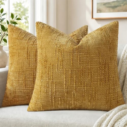 Pallene Mustard Yellow Textured Chenille Throw Pillow Covers 20x20 Set