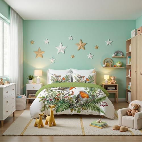 Sage Green Rural Watercolor Robin Duvet Cover Set for Women Girls