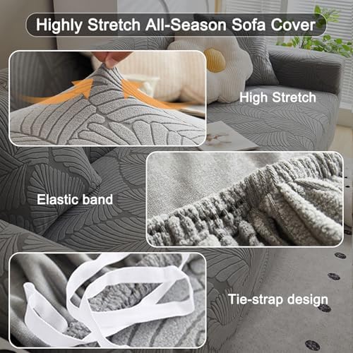 Stretch Soft Sofa Couch Cover, Neutral Leaf Embroidery Anti Slip