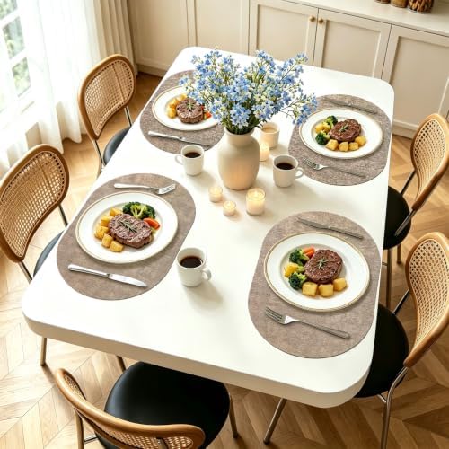 Oval Faux Leather Placemats Set of 6, Light Brown
